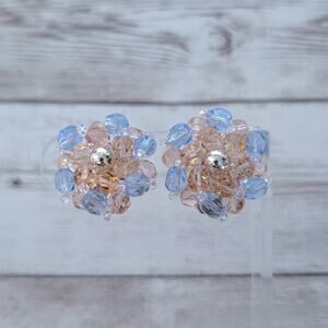 Vintage Clip On Earrings Large Pastel Tone Pink & Blue Statement - Loose Clip